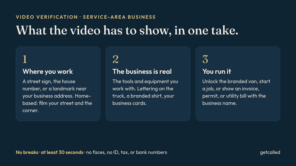 Three things a verification video must show for a service-area business: where you work, that the business is real, and that you run it, recorded in one take of at least 30 seconds